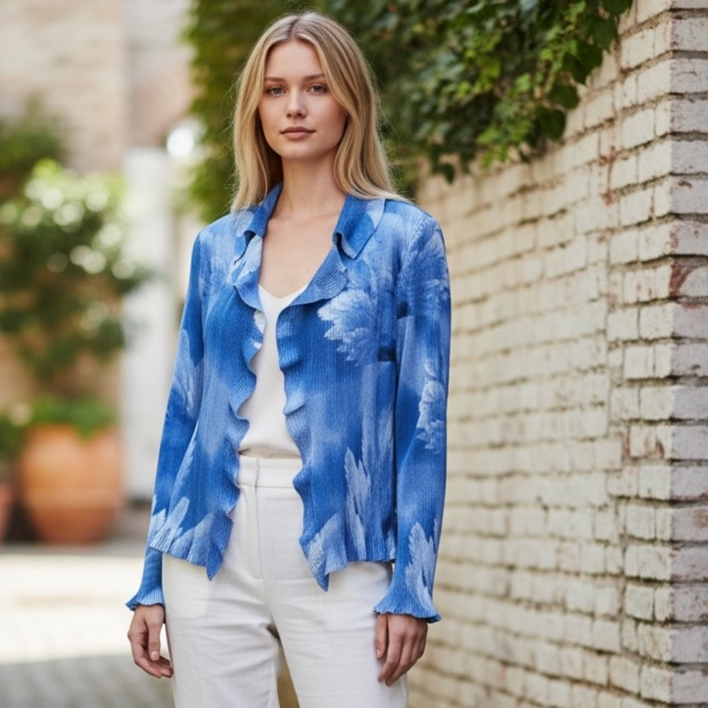 Caeliann‎ Ruffled Blue Print Open Front Jacket
